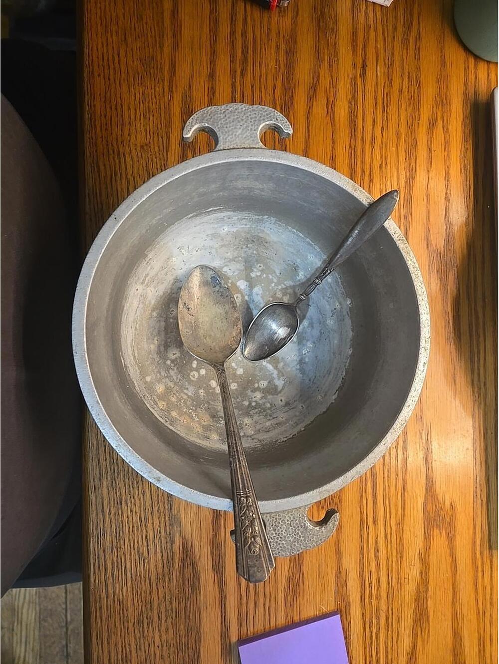 Gaurdian Vintage Service Hammered Aluminum 8in Pot with 2 silver plated spoons